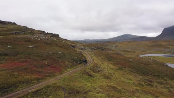 Fotografia Cinematográfica Motociclista Montanha Tundra Norueguesa — Vídeo de Stock