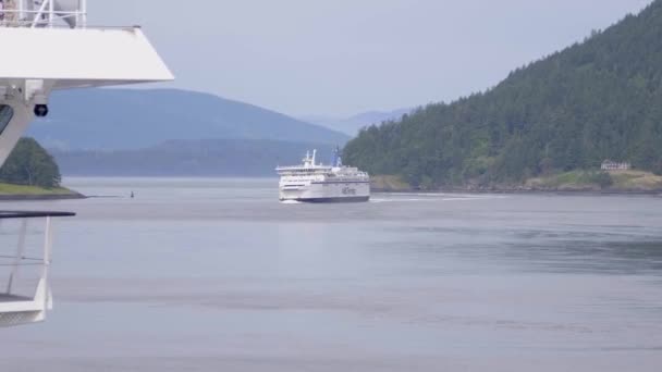 Bateaux Ferry Naviguant Sur Une Journée Brumeuse Avec Une Montagne — Video