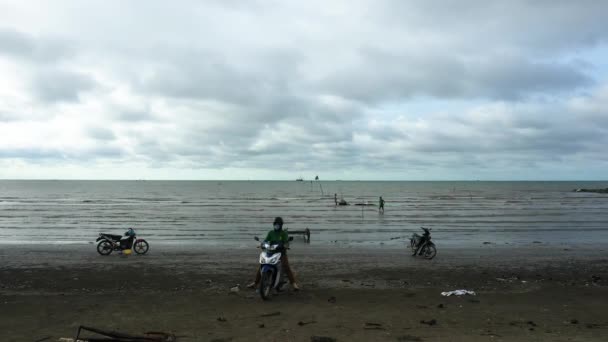 Scena Mattutina Sulla Spiaggia Can Gio Vietnam Pescatori Gamberetti Lavorano — Video Stock