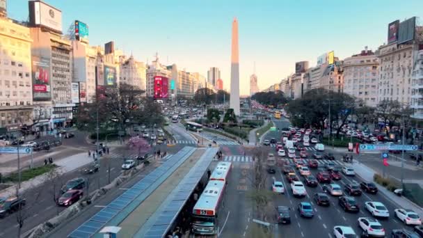 Pemandangan Udara Arus Lalu Lintas Sepanjang Jalan Terluas Dunia Buenos — Stok Video