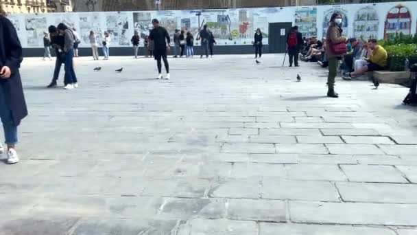 Toeristen Het Stadsplein Voor Westelijke Gevel Van Notre Dame Kathedraal — Stockvideo