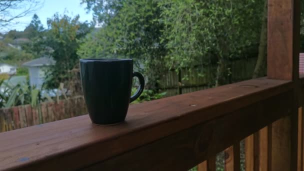 站在木制花园阳台栏杆上的黑色杯子 上面放着热气腾腾的咖啡 — 图库视频影像
