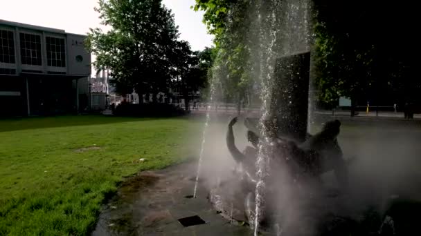 ユトレヒト市内の公共空間劇場広場に飾られた装飾彫刻爆弾像噴水 — ストック動画