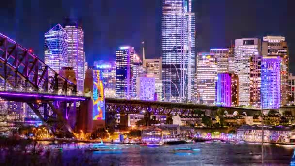 Wide Shot Sydney City Skyline Harbour Bridge Vivid Light Show — Stock Video