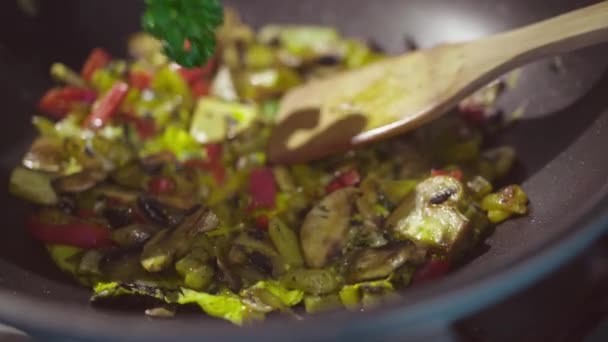 Cook Puts Parsley Decoration Ingredients Cooking Frying Pan — Stock Video