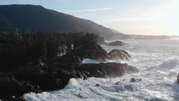 Fale Uderzające Wybrzeże Vancouver Island Kolumbia Brytyjska Wschodzie Słońca — Wideo stockowe