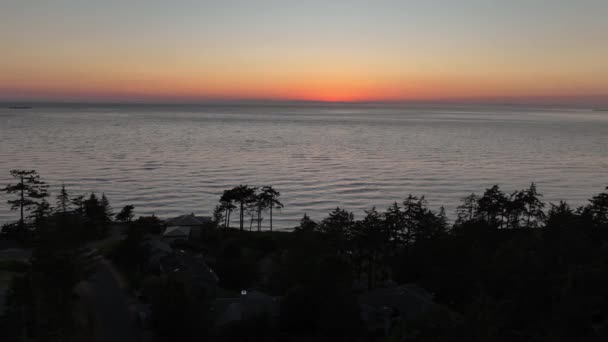 俯瞰太平洋日落的轮廓树木和房屋 — 图库视频影像