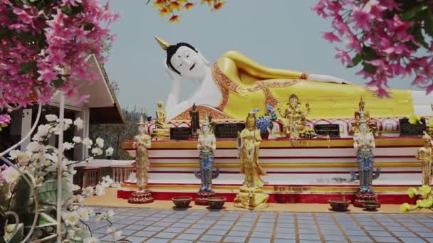 Thailand Chiang Mai Reclining Buddha Buddhist Temple Colourful Flower Offerings — Video