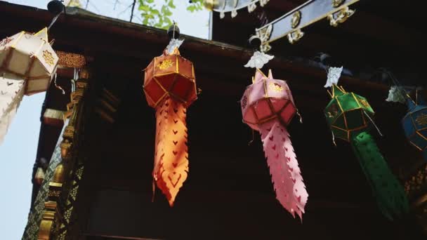 Colourful Prayer Lanterns Hanging Thailand Buddhist Temple Chiang Mai Wat — Vídeo de Stock