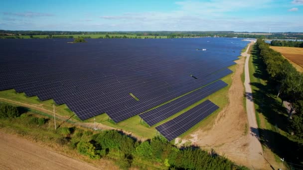Antenni Laukaus Yläpuolella Aurinkopaneelit Farm Field Green Uusiutuvaa Energiaa Auringon — kuvapankkivideo