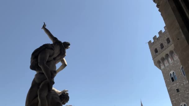 Vögel Fliegen Über Giambolognas Sabineskulptur Auf Der Piazza Della Signoria — Stockvideo