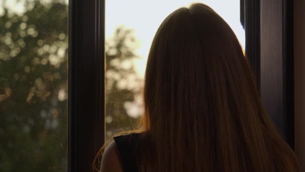 Середній Кишеньковий Знімок Жінки Яка Дивиться Вікно Заході Сонця Дерева — стокове відео