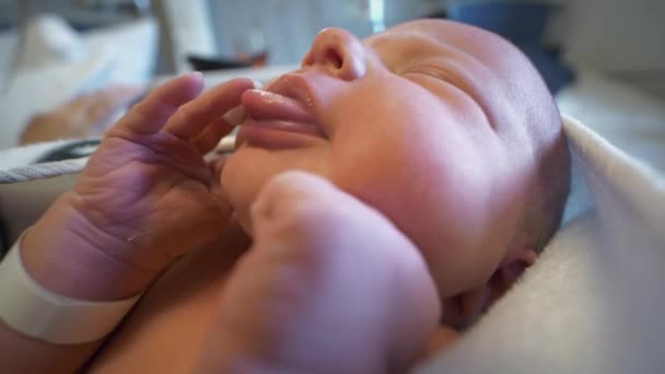 Близкий Портрет Новорожденного Ребенка Больнице Через Несколько Секунд После Рождения — стоковое видео