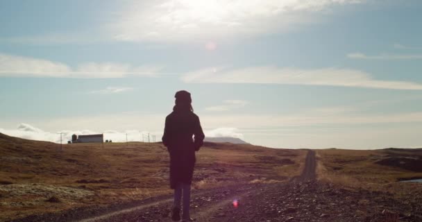Slow Motion Shot Young Girl Walking Track Sunset Iceland — Stock Video