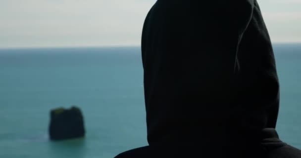 在寒冷的阳光灿烂的日子里 一个穿着黑色连帽衫的长发姑娘在海面上凝视着她的背影 — 图库视频影像