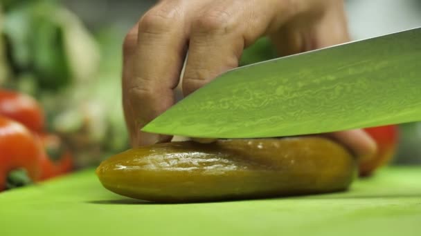Cutting Pickled Cucumber Sharp Damascus Steel Knife Close — Stock Video