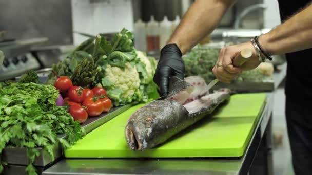 无法辨认的厨师在餐厅厨房里过滤鲜鱼 — 图库视频影像