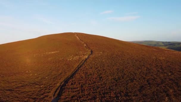 Beautiful Sunset Rising Aerial Drone Footage Moorland Hiker Tourist Path — Stok Video