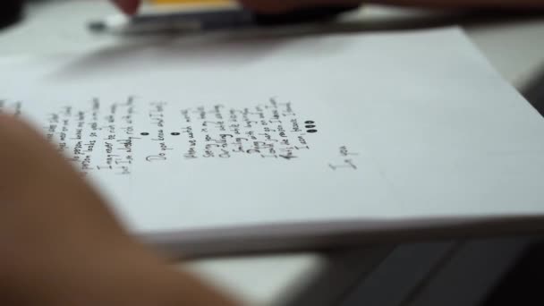 Writer Hand Writing Meaningingful Poem Paper Close — стоковое видео