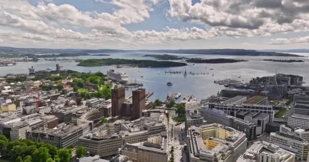 Oslo Noorwegen Filmische Drone Flyover Centrum Vangt Stedelijk Stadsgezicht Van — Stockvideo