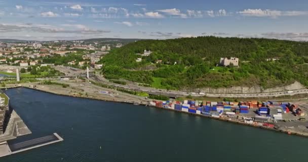 Oslo Noruega V15 Vista Panorâmica Cinematográfica Drone Viaduto Bekkelaget Gamle — Vídeo de Stock