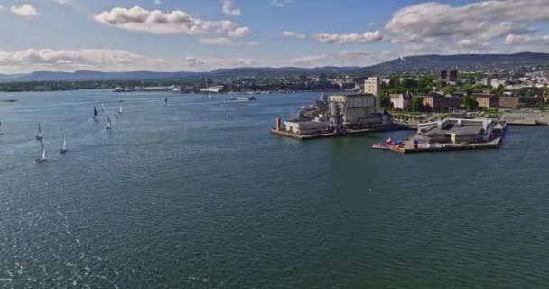 Oslo Norvégia V14 Alacsony Szintű Drón Repül Körül Komp Rakpart — Stock videók