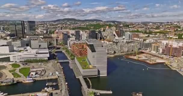 Oslo Norway V19 Birds Eye View Flyover Bjrvika Waterfront Neighborhood — Stockvideo