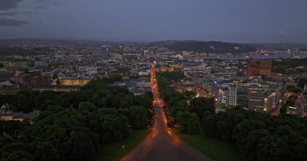 挪威奥斯陆V53飞越皇家宫殿朝向卡尔 约翰大门口 直飞到大街上方 捕捉市中心的夜景 穿过街区 与马维奇3中枪 2022年6月 — 图库视频影像
