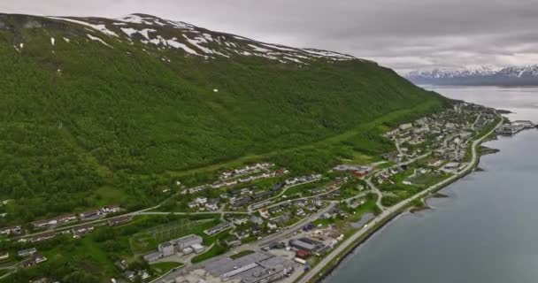 Troms Norway Aerial Drone Flyover European Route Coastal Drive Hjorten — Αρχείο Βίντεο