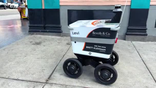 服务机器人无线自动化食品递送机器人信使航行好莱坞人行道 — 图库视频影像