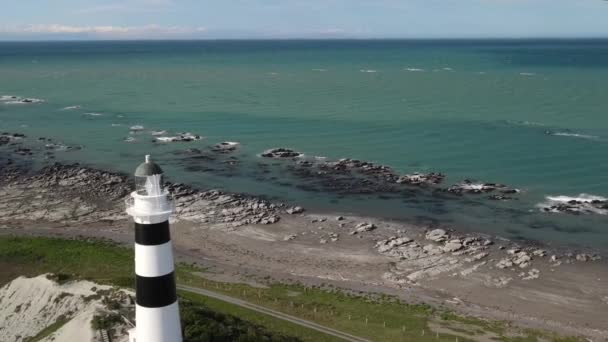 Beautiful Aerial Reveal Cape Campbell Lighthouse Tower New Zealand Coastal — Stock Video