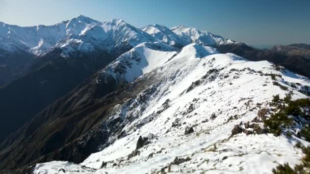男フィフ山の素晴らしい高山の風景を楽しんで立って 山の雪に覆われた ニュージーランドの空の風景 — ストック動画