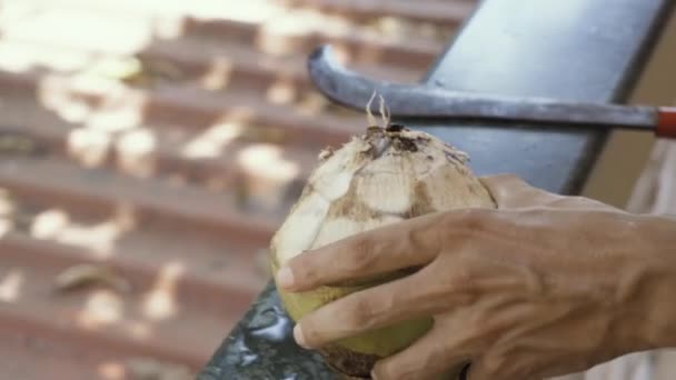 Ein Mann Serviert Eine Geöffnete Kokosnuss Mit Einem Holzstroh Und — Stockvideo