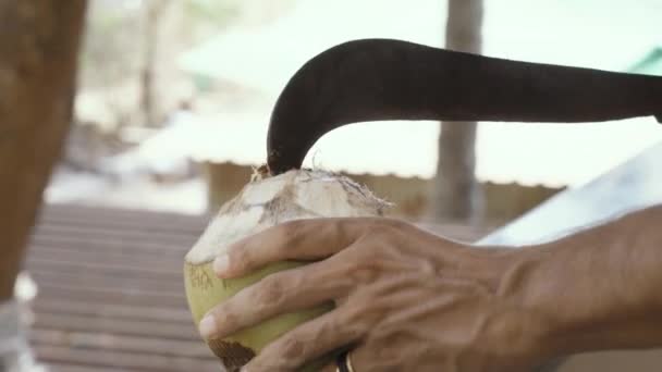 Man Öppnar Kokosnöt Med Machete Ett Goa Område Indien — Stockvideo