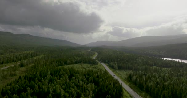 Traffic Highway Passing River Namsen Namsskogan Noruega Drone Aéreo Disparado — Vídeo de Stock