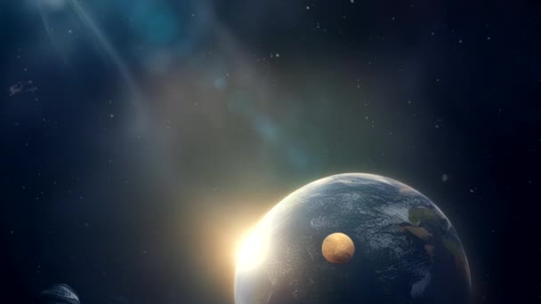 Летят Чужую Землю Планета Луной Космосе — стоковое видео