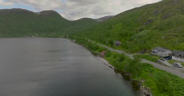 Scenic Coastal Road Car Driving Kvaloya Fjord Northern Norway Aerial — Stock Video