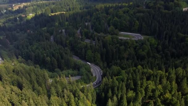 Drohnenaufnahmen Wunderbarer Kurvenreicher Straßen Über Dem Grünen Fichtenwald Der Nähe — Stockvideo