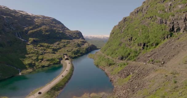 Luftaufnahme Alter Und Neuer Straßen Roldalsfjellet Tal Bei Roldal Hordaland — Stockvideo