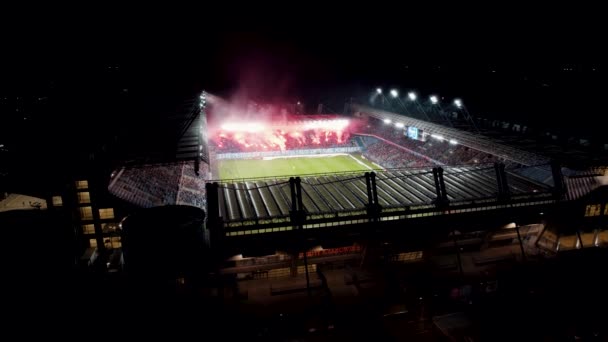 Aerial Shot Stadium Pyrotechnic Football Flares — Vídeos de Stock