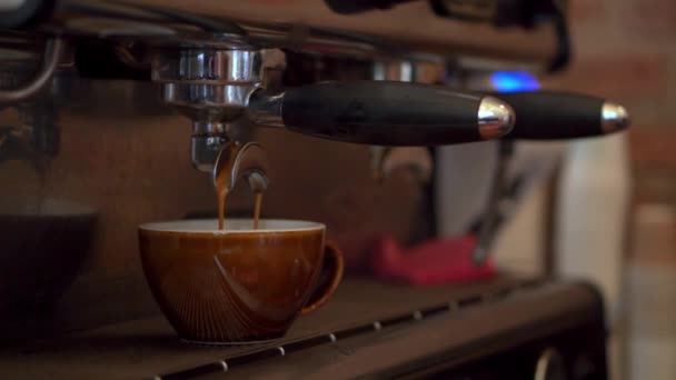 Κοντινό Πλάνο Της Επαγγελματικής Μηχανής Χύτευση Καφέ Ένα Φλιτζάνι Καφετέρια — Αρχείο Βίντεο