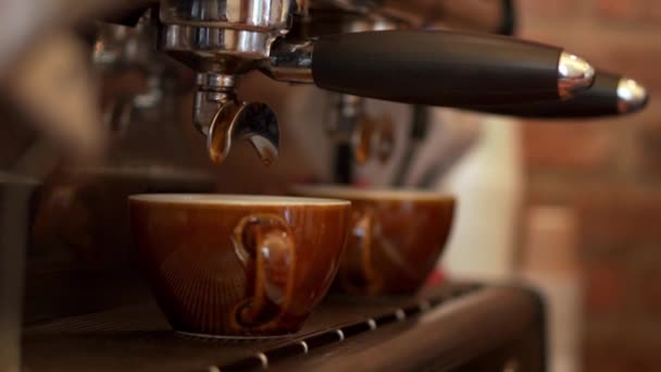 Zwei Braune Tassen Einer Professionellen Espressomaschine Mit Herabtropfenden Tropfen Espresso — Stockvideo