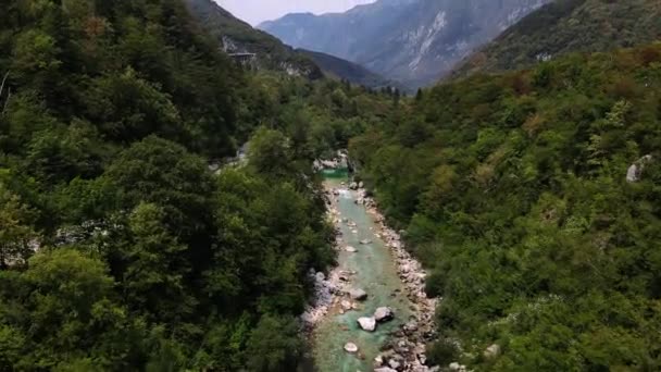 Increíble Disparo Dron Del Río Soa Eslovenia Tolmin Vista Aérea — Vídeo de stock