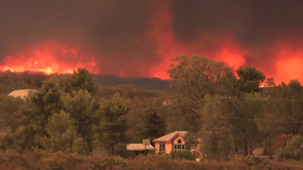 Riesiger Waldbrand Lodert Häuser Und Bäume Mit Flammen Und Rauch — Stockvideo