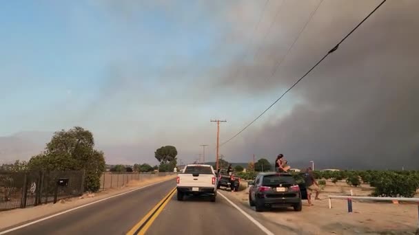 Observadores Carretera Observando Incendio Forestal Fairview Con Camiones Bomberos Pasando — Vídeos de Stock