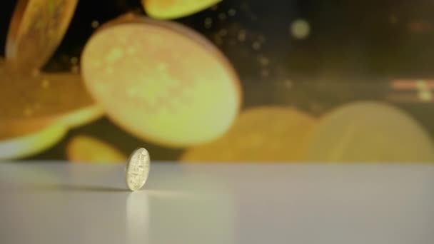 Samotny Wirujący Złoty Bitcoin Złotym Animowanym Tłem Zwolniony Ruch — Wideo stockowe
