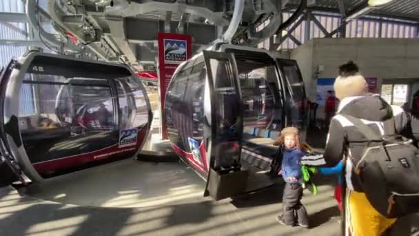 Woman Her Two Son Ride Fiesch Cable Car Gondola Lift — Stock Video