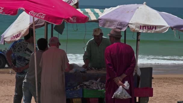 Рыбный Рынок Пляже Тагазу Марокко — стоковое видео