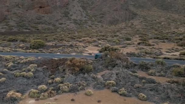 Aerial Shot Cyan Car Drives Highway Coberto Por Arbustos Escova — Vídeo de Stock