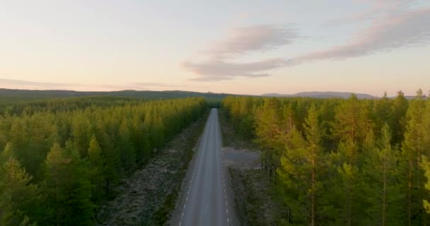 Voando Sobre Estrada Asfalto Vazio Pela Floresta Spruce Lapônia Norte — Vídeo de Stock